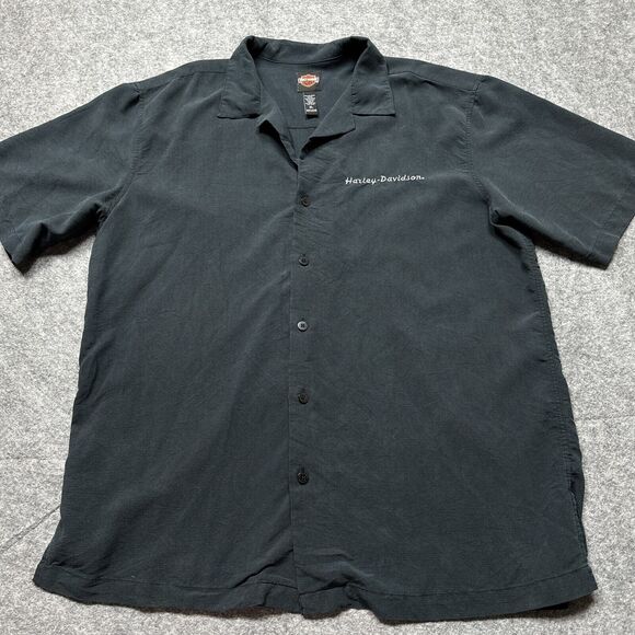 Harley Davidson Shirt Mens XL Black‎ Willie G Flaming Skull Embroidered Rayon - Picture 2 of 10